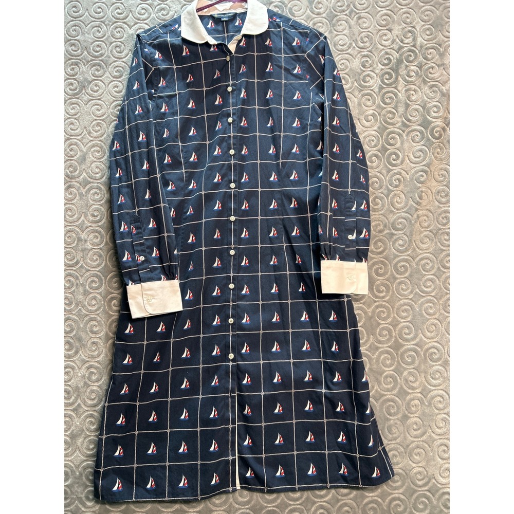 Brooks Brothers Navy Sailboat Print Midi Dress with White Collar & Cuffs